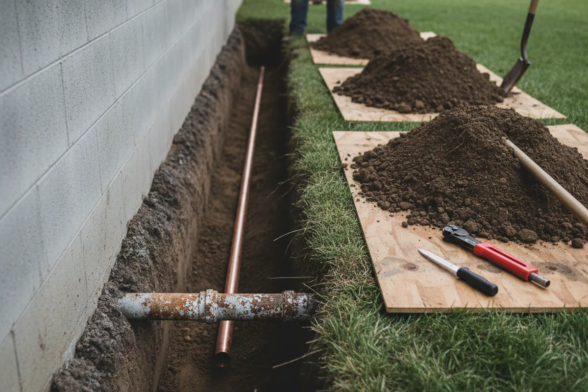 Excavated water line trench during Water Softener Installation in Avawam